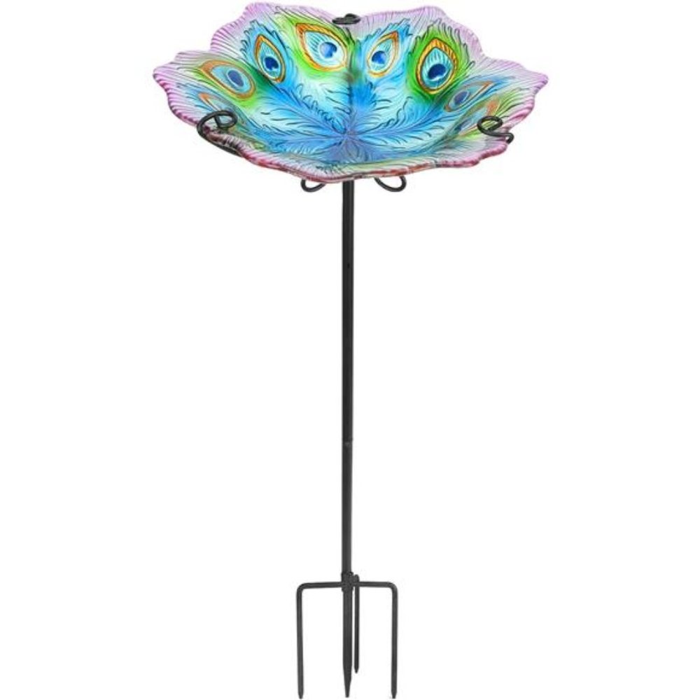 Glass Bird Bath, Garden Outdoor Birdbaths Birdfeeder with Metal Stake Peacock